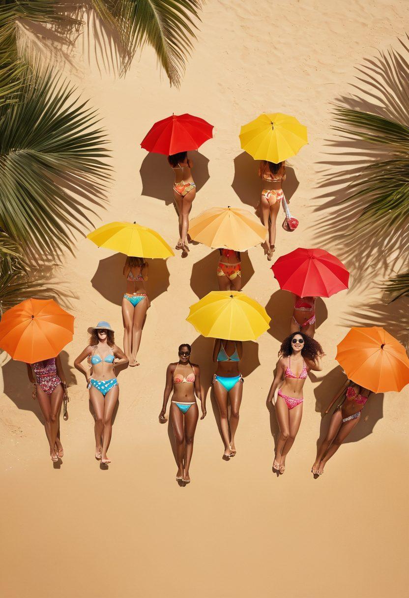 A vibrant beach scene showcasing a diverse group of models wearing various swimwear styles, from classic cuts to bold, eye-catching prints. The backdrop features golden sand and crystal-clear waves, with colorful beach umbrellas and tropical plants enhancing the atmosphere. Sunlight glistens on the water, creating a lively and inviting vibe that captures the essence of summer fashion. bright colors. summer vibe. beach background.